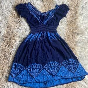 Boho Blue Sun Dress with Embroidered Details